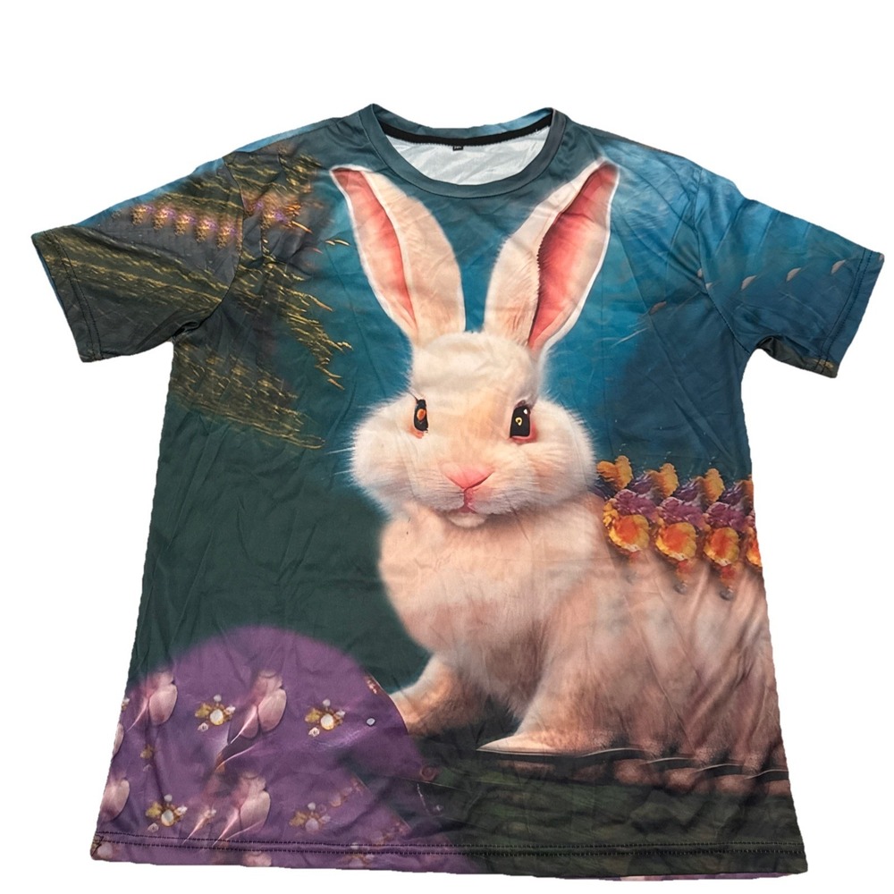 T-Shirt‎ All Over Print 3D White Rabbit Graphic 2XL Teal Blue
